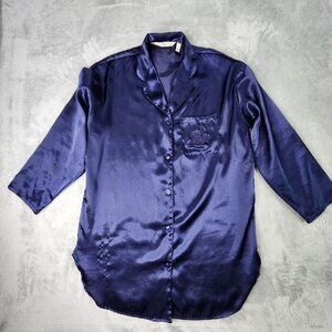 Vintage Victoria's Secret Night Shirt Womens XS Blue Satin Long Sleeve gown Sexy